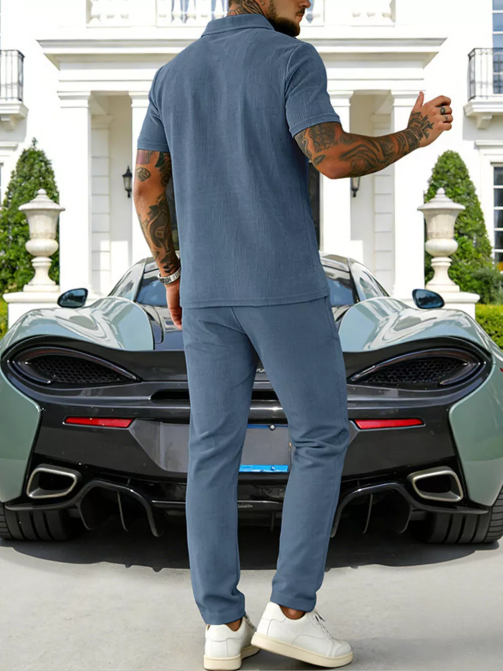 Men's Full Size Casual Zipper Polo Shirt and Drawstring Pants Set Plus Size, image 5