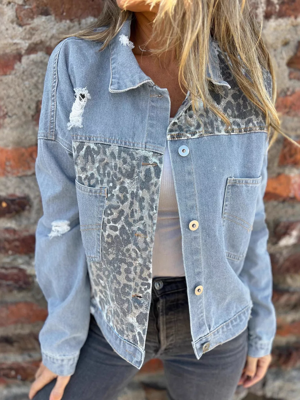 Full Size Leopard Button Up Denim Jacket Plus Size, image 2