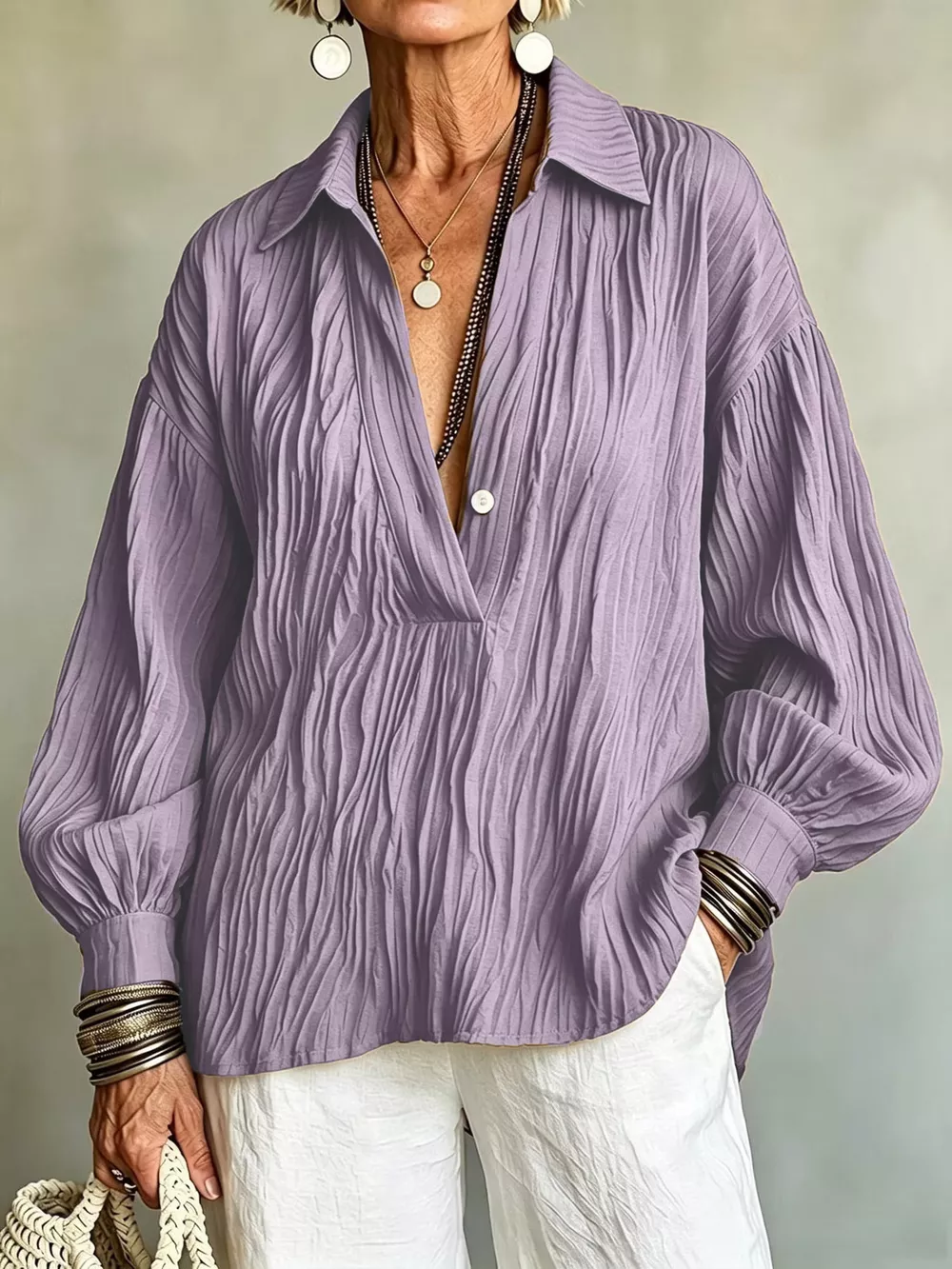 Full Size Texture Long Sleeve Blouse Plus Size, image 11