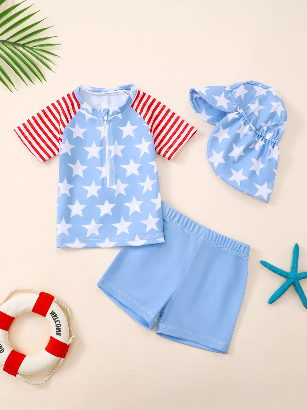 Children's Patriotic Star Print Top and Shorts Swim Set with Hat