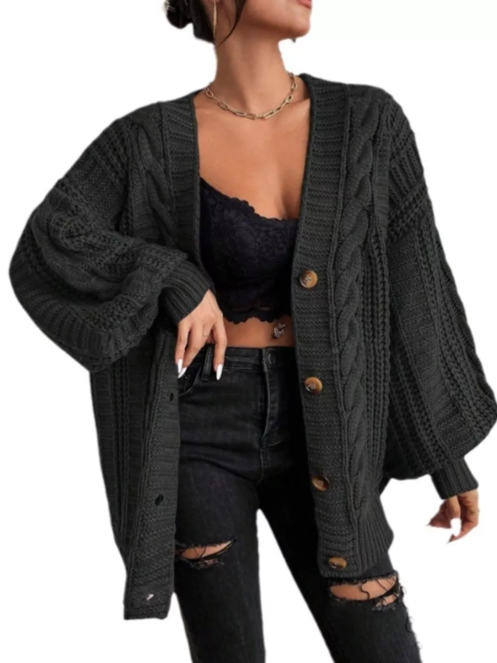 Cable Knit V-Neck Button-Down Cardigan, image 6