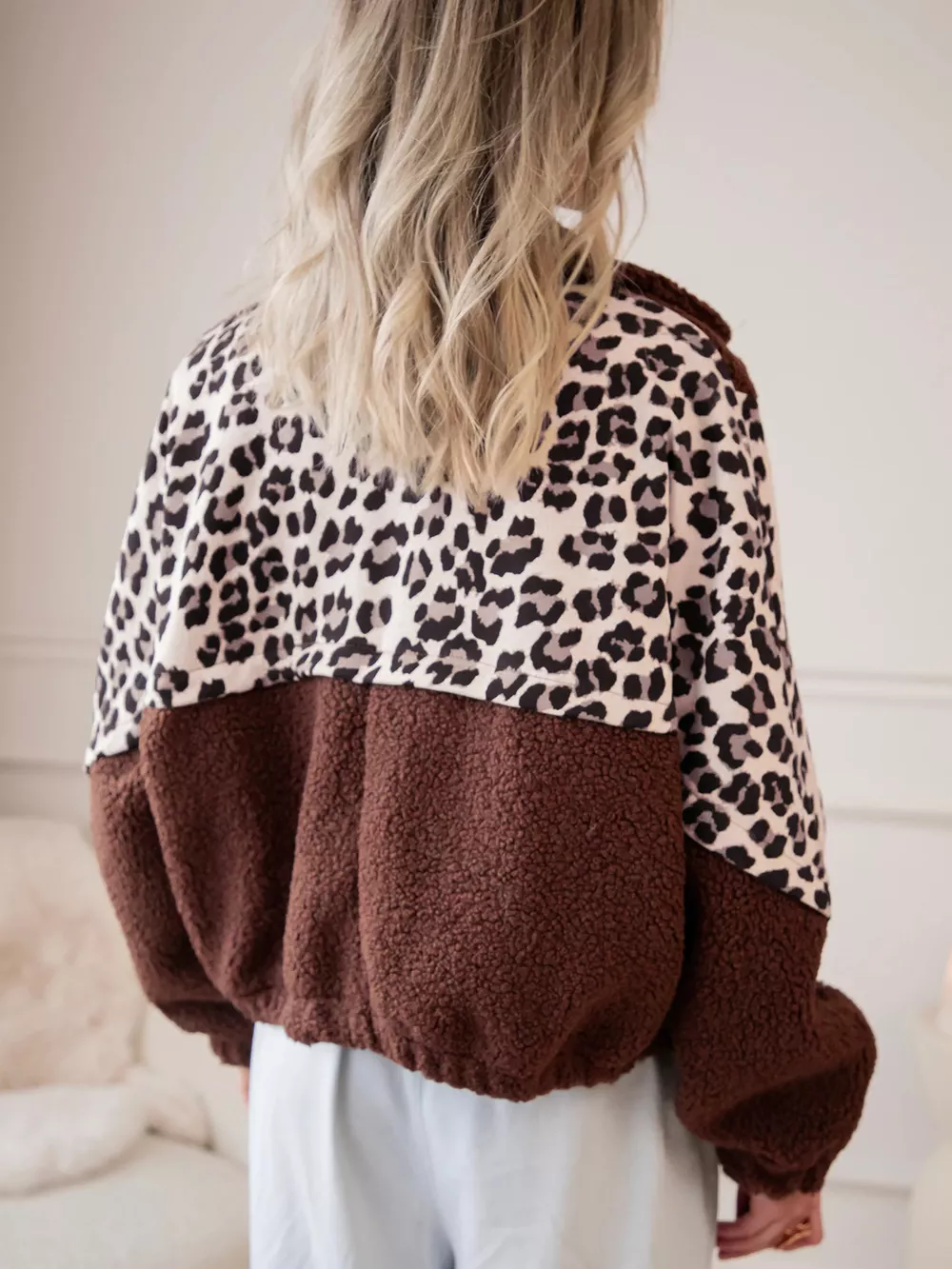 Leopard Patchwork Fleece Western Style Zip-up Collar Jacket, image 3