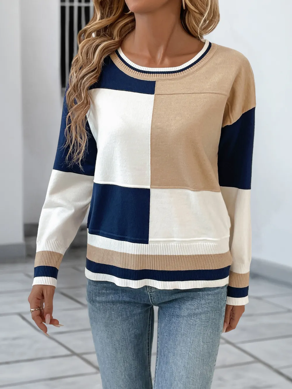Color Block Round Neck Sweater with Ribbed Trim, image 4