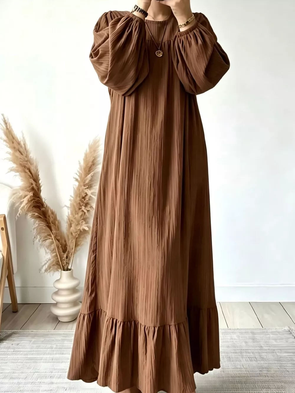 Full Size Textured Puff-Sleeve Maxi Dress Plus Size, image 7