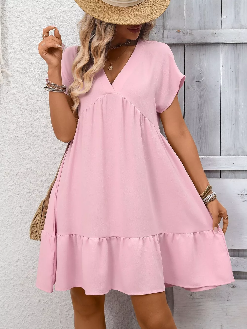 Casual V-Neck Ruffle Hem Mini Dress, image 8