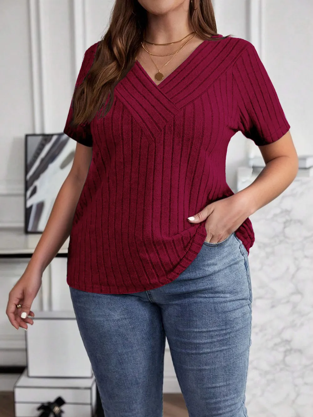 Plus Size V-Neck Short Sleeve Ribbed T-Shirt, image 7
