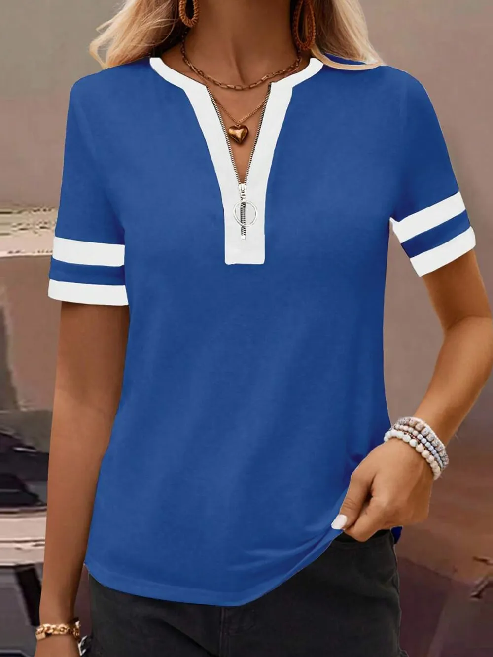 Striped Short Sleeve Half Zip Top, image 3