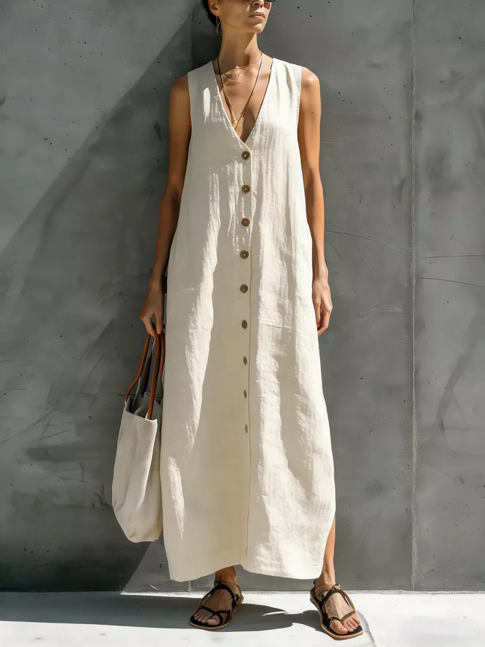 Full Size Sleeveless V-Neck Button-Down Linen Maxi Dress Plus Size