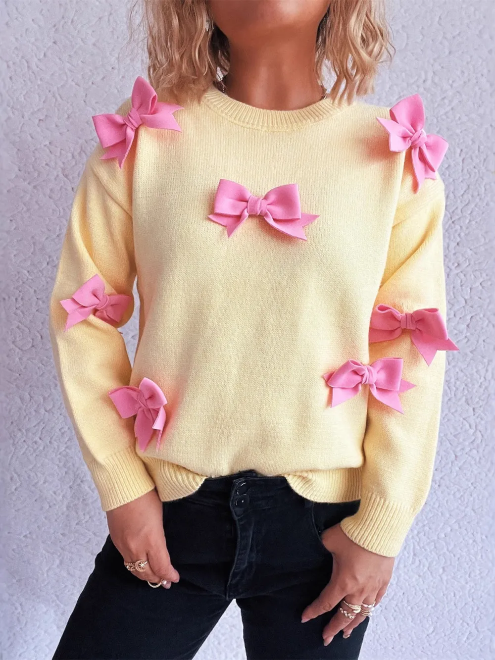 Bow Round Neck Long Sleeve Sweater, image 17
