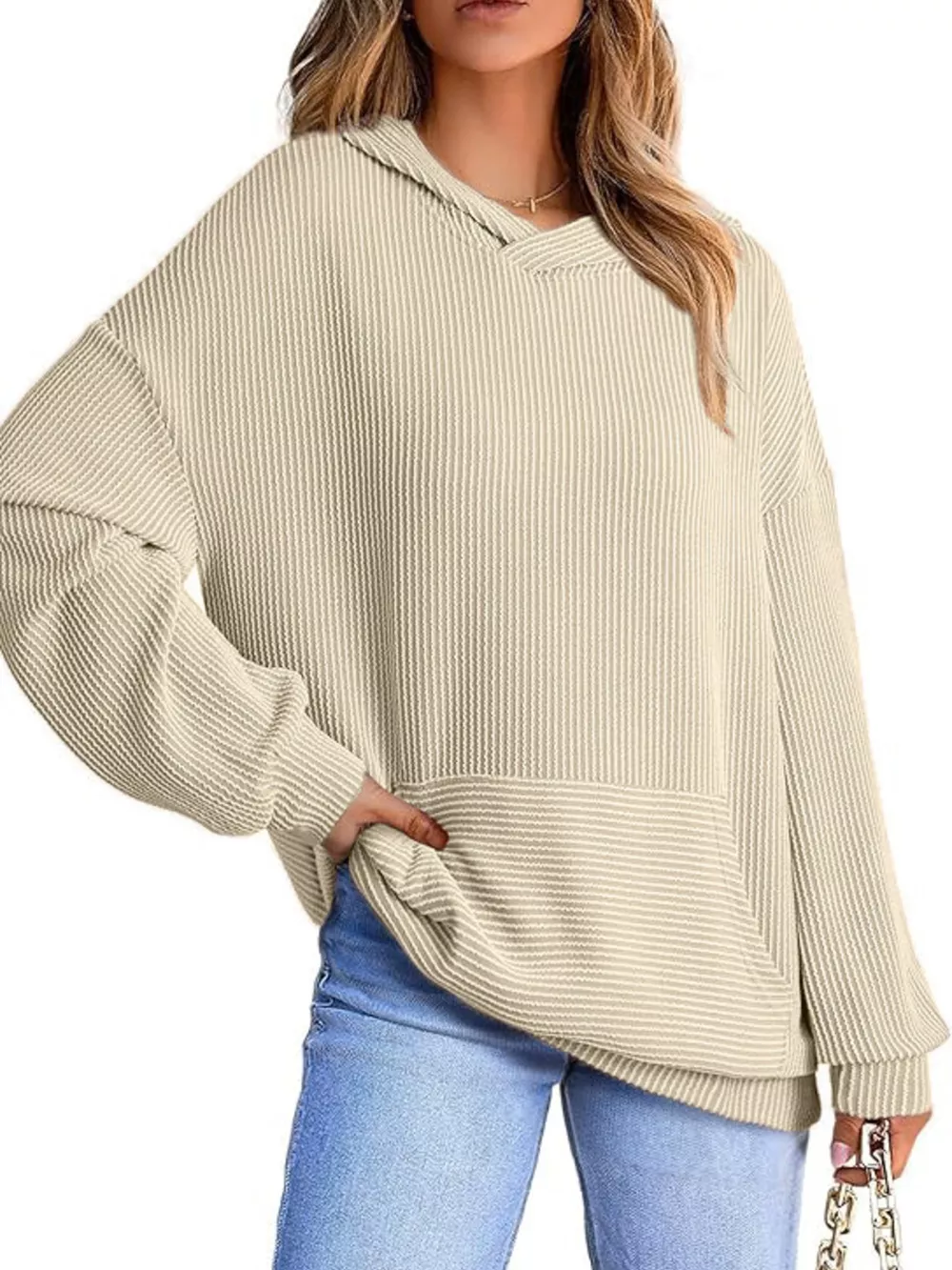 Ribbed Oversized Hoodie Sweatshirt with Pocket, image 5