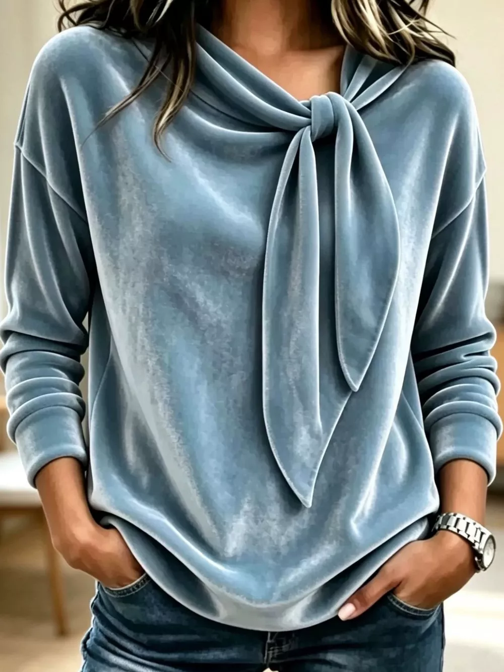 Velvet Tie-Neck Long Sleeve Sweatshirt