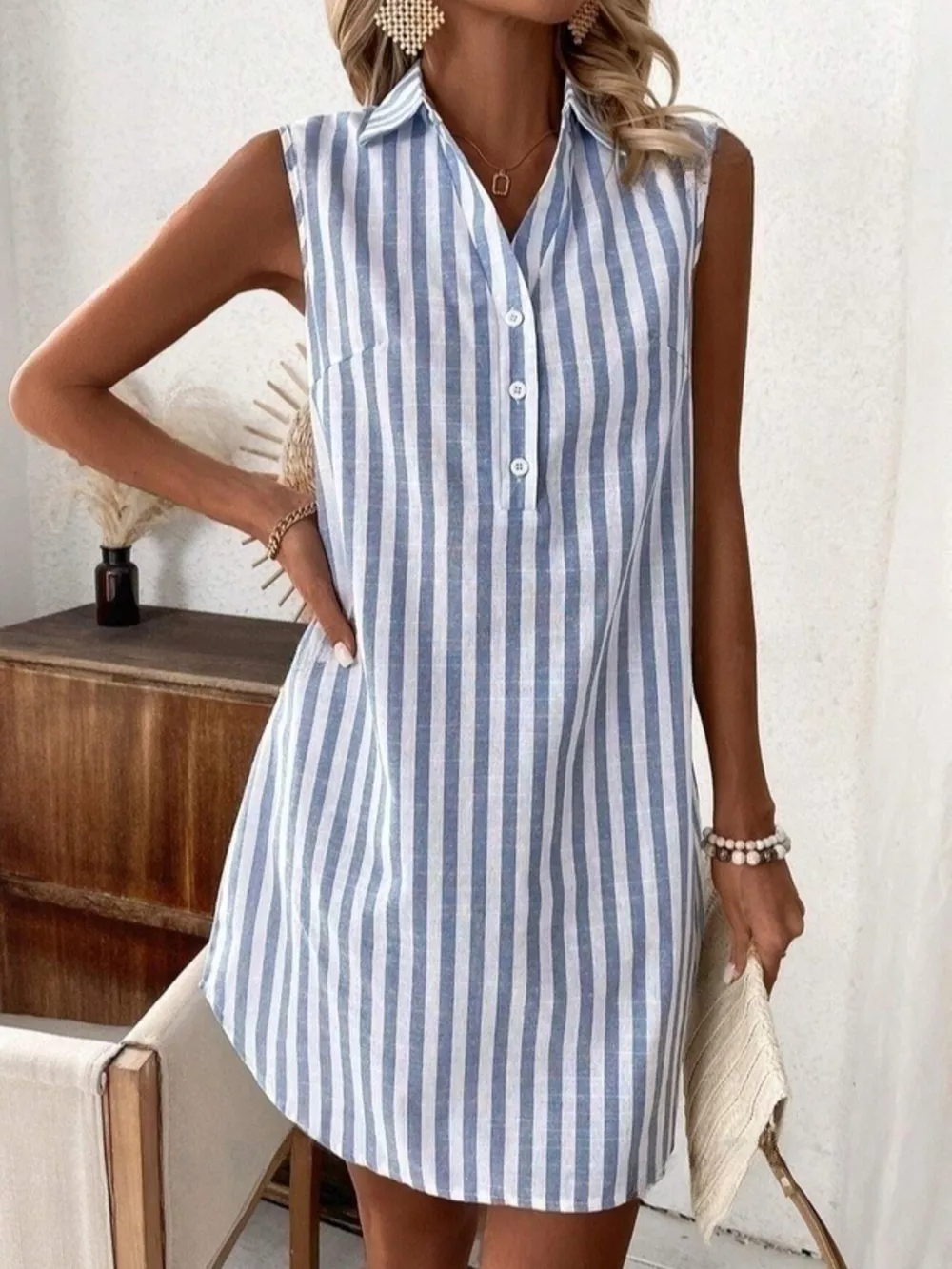 Sleeveless Striped Button Detail Shirt Dress, image 3
