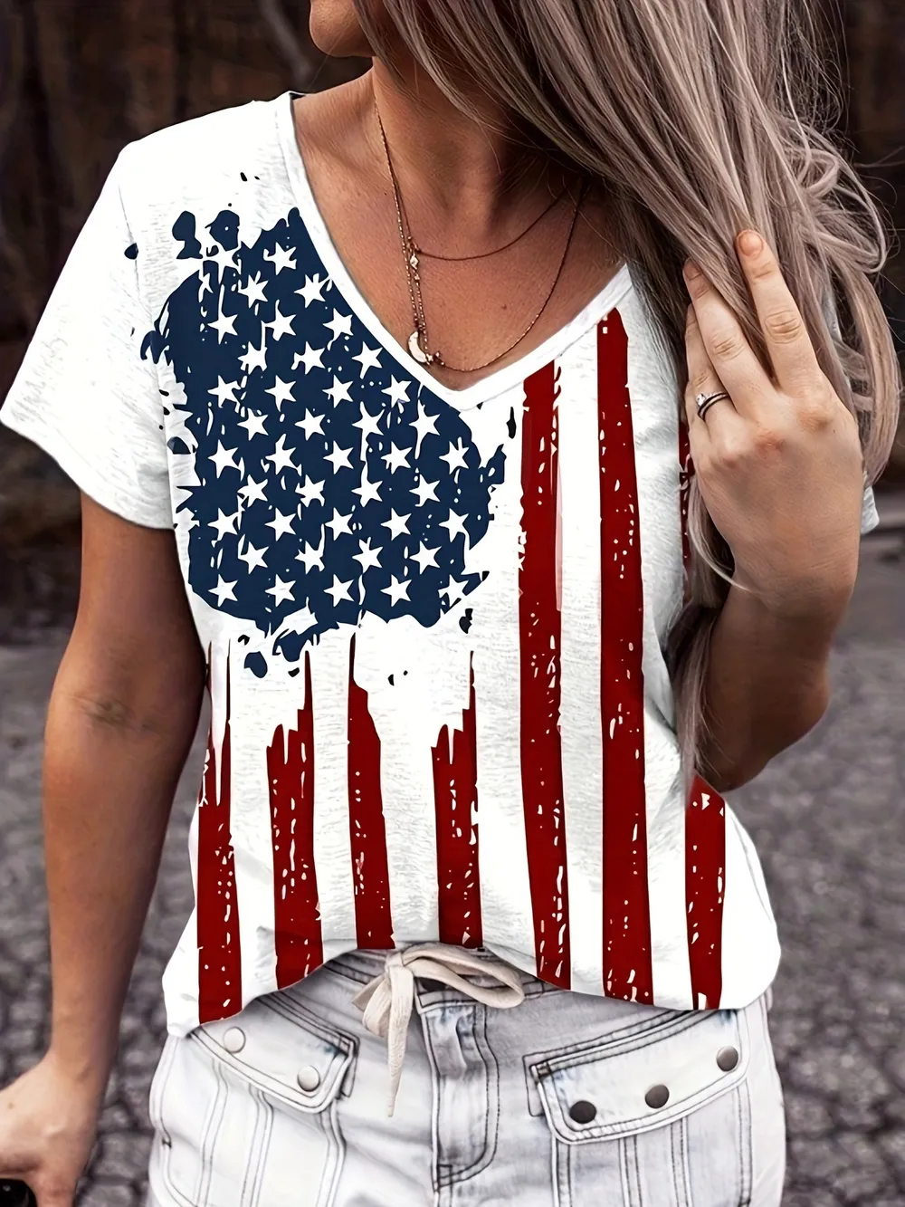 American Flag V-Neck Short Sleeve T-Shirt
