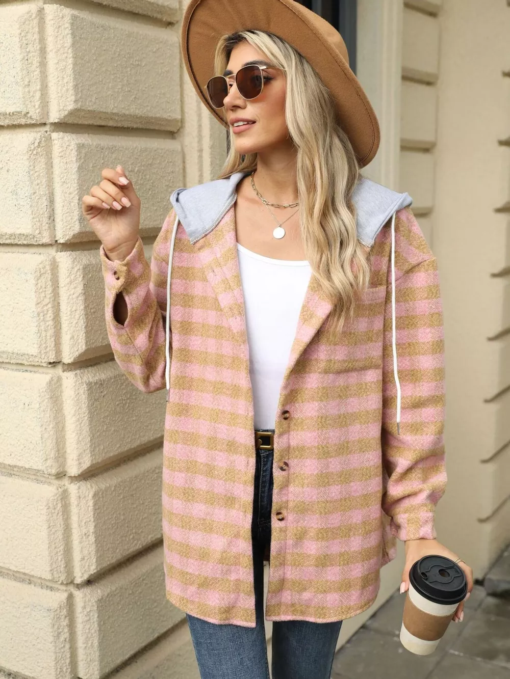 Plaid Button Up Long Sleeve Drawstring Hooded Jacket, image 14