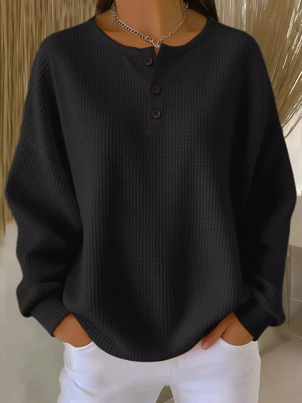 Full Size Casual Waffle Knit Button Detail Pullover Plus Size