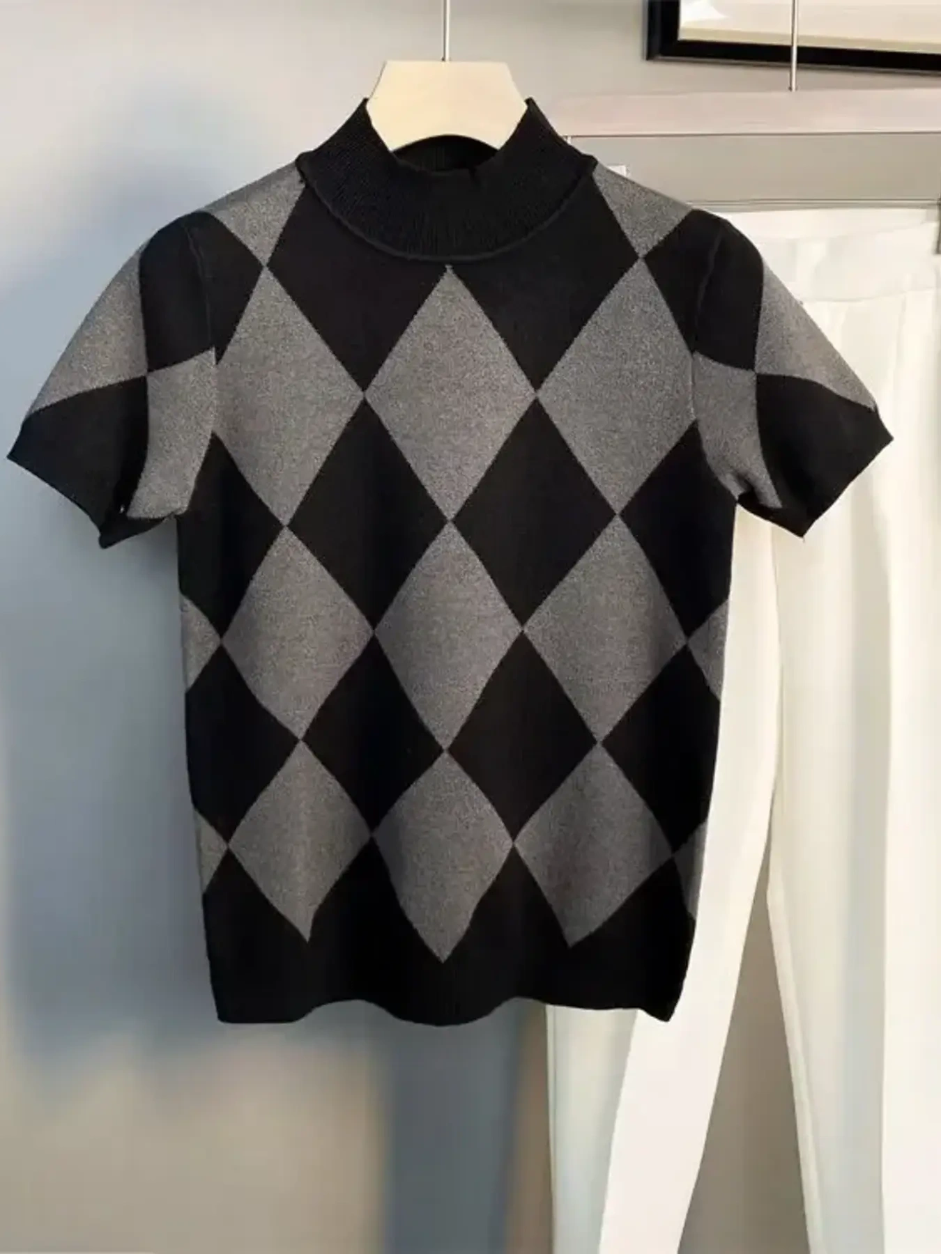 Men's Full Size Diamond Pattern Short Sleeve Knit Top Plus Size, image 3