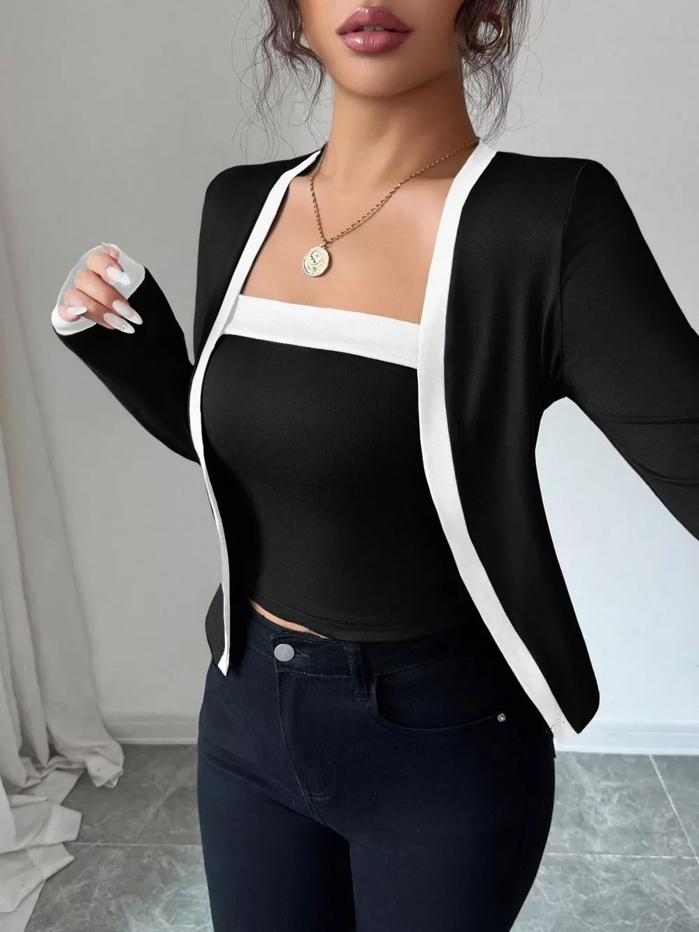 Contrast Trim Cardigan & Tank Top Set