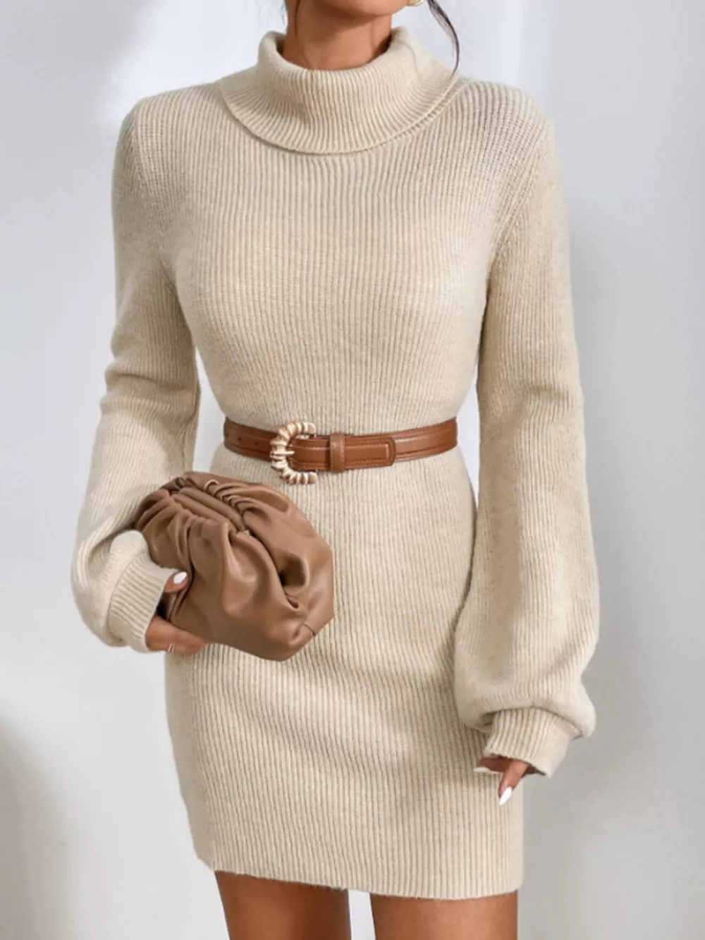 Turtleneck Ribbed Knit Sweater Dress, image 7