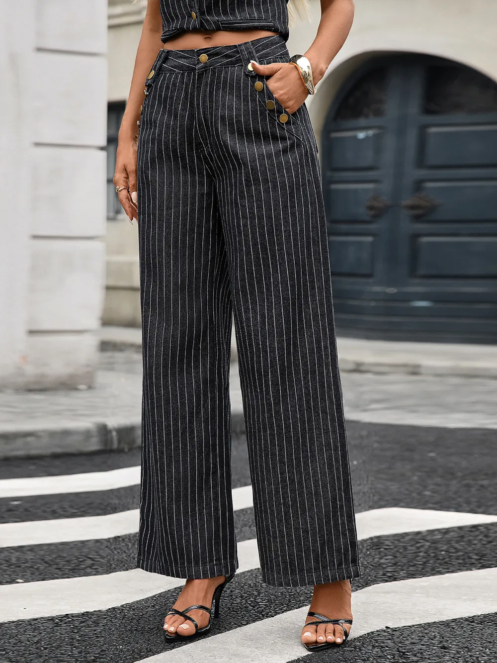 Striped Button Down Tank and Pants Denim Set, image 3