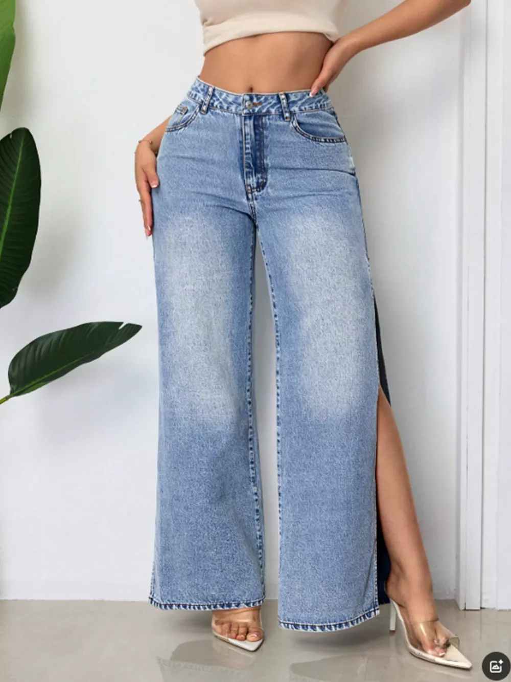 High-Waisted Wide-Leg Jeans with Side Slits
