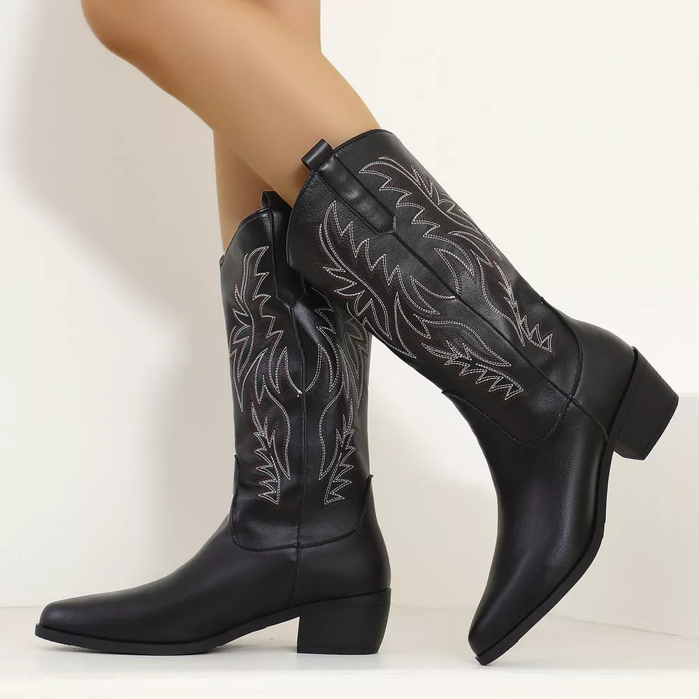 Embroidered Point Toe Block Heels Boots, image 3