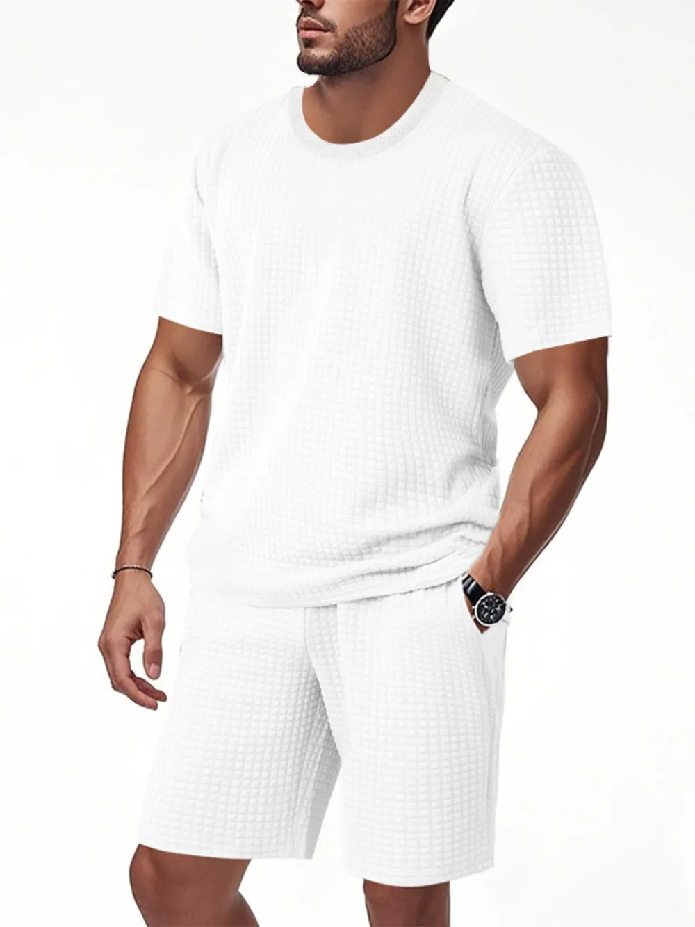 Men's Full Size Textured Round Neck Top and Shorts Set Plus SIze, image 16