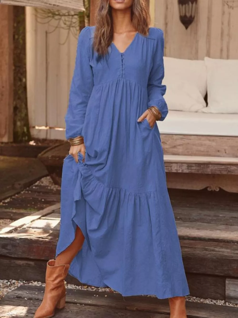 Full Size V-Neck Long Sleeve Tiered Maxi Dress with Pockets Plus Size, image 2