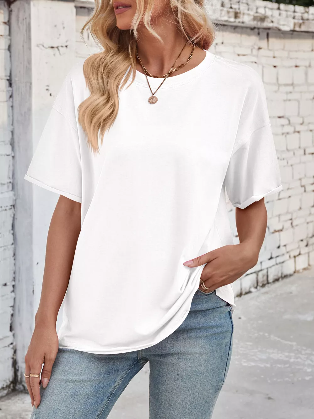 Casual Loose Fit Solid Color T-Shirt, image 17