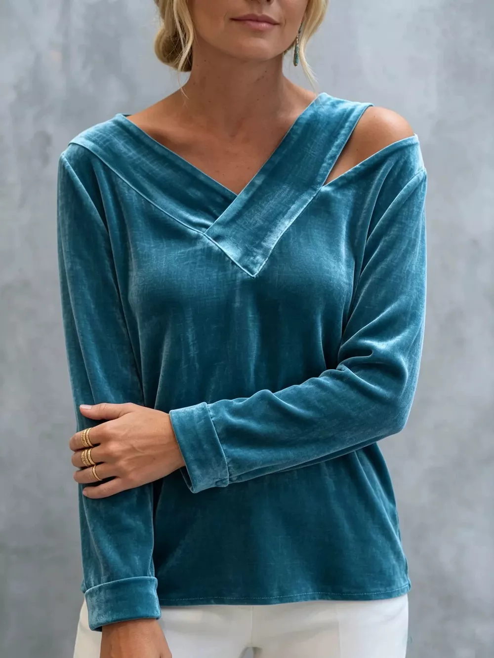 Full Size Velvet Cold-Shoulder V-Neck Blouse Plus Size, image 4