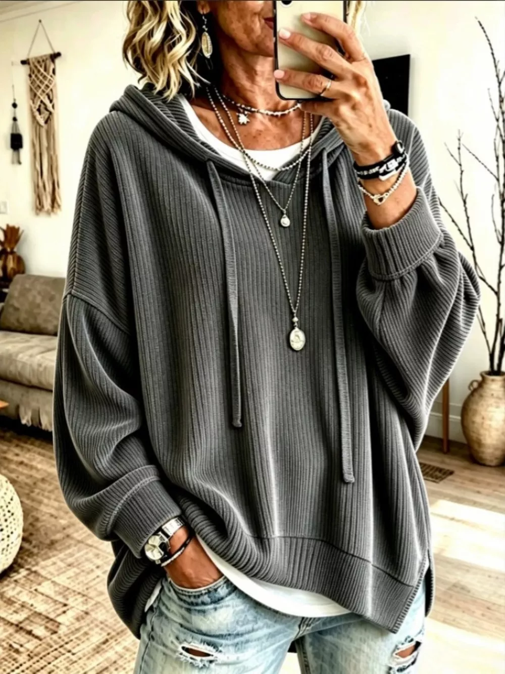Drawstring Ribbed Knit Hoodie, image 11