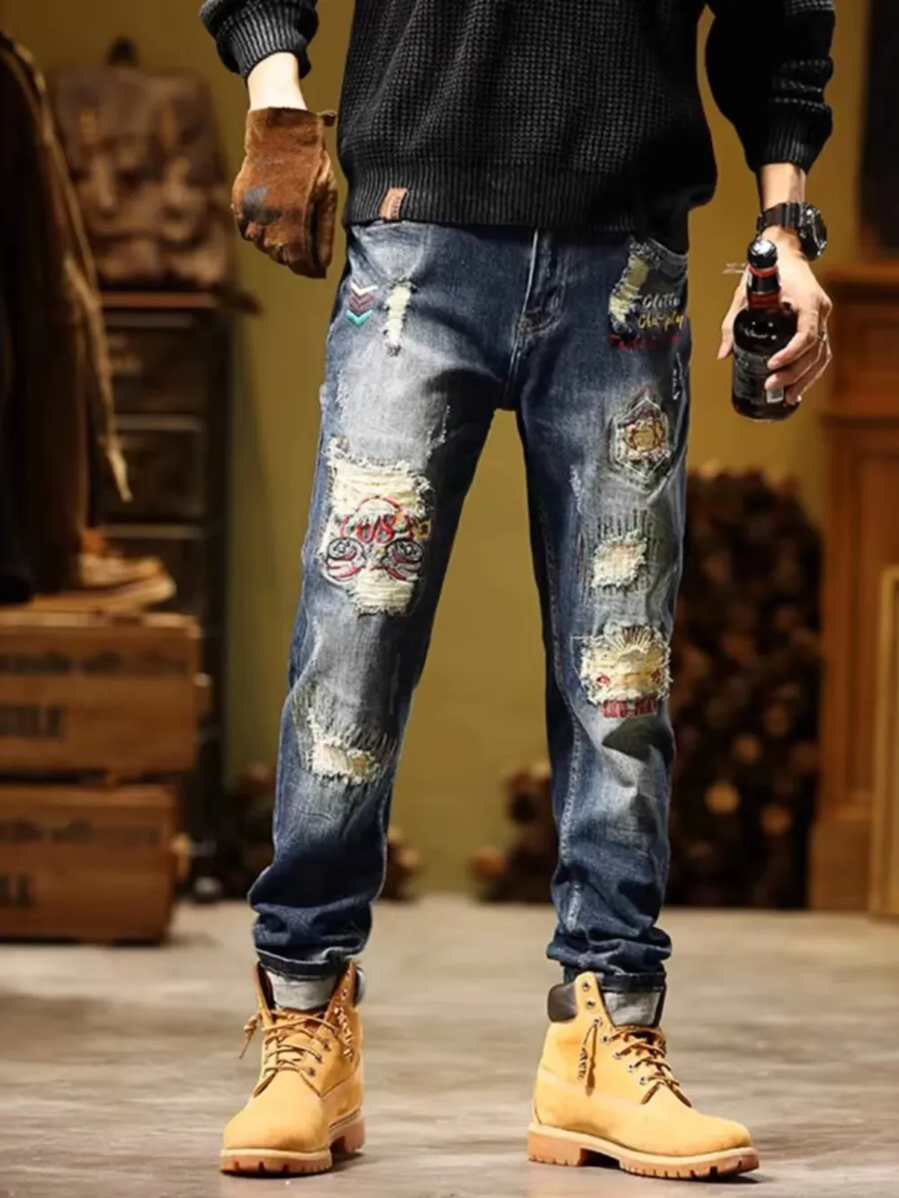 Men's Full Size Distressed Wash Slim Fit Jeans Plus Size