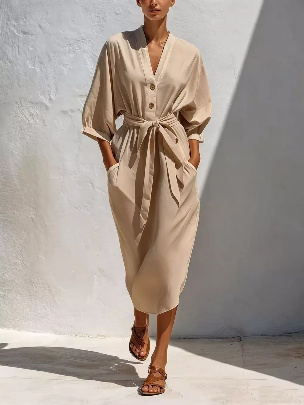 Full Size Tie Waist V-Neck Midi Dress Plus Size, image 7
