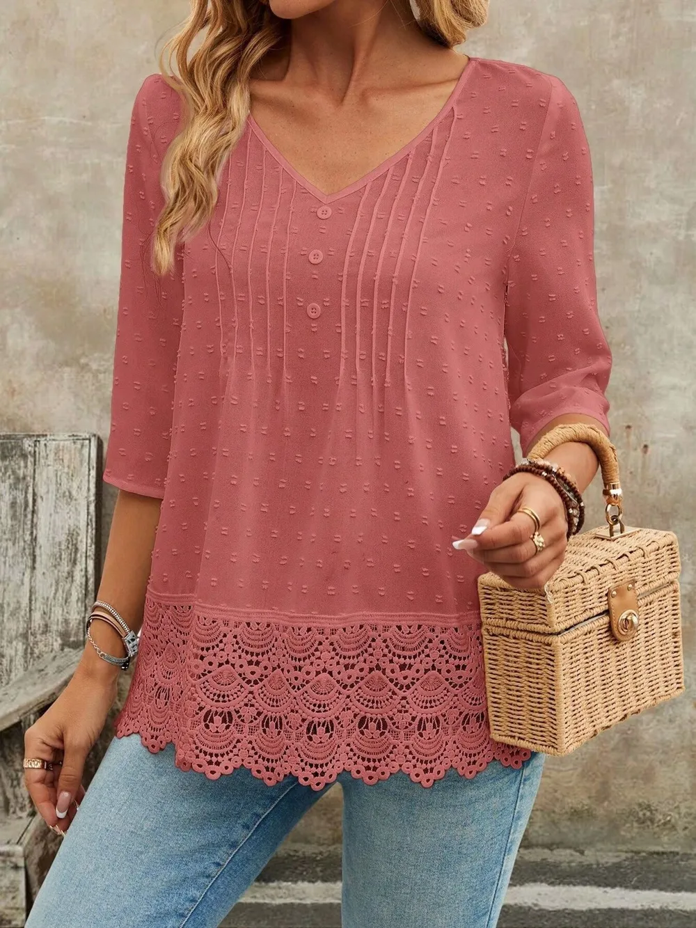 Lace Hem V-Neck Blouse, image 9
