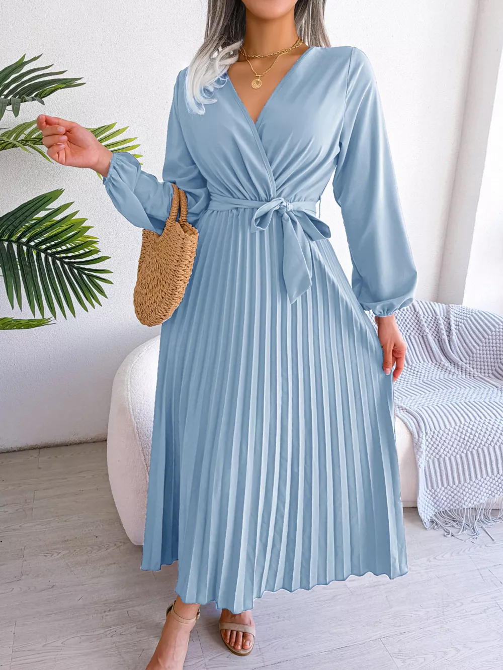 Elegant Pleated Front Tie Long Sleeve Dress, image 17