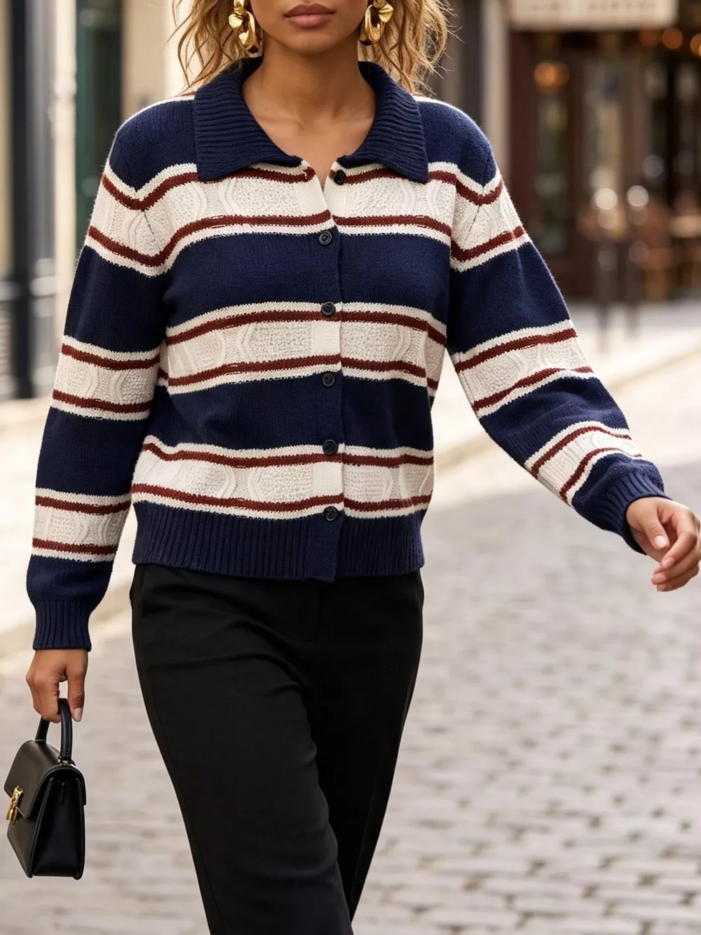 Vintage-Inspired Striped Knit Cardigan with Polo Collar, image 2