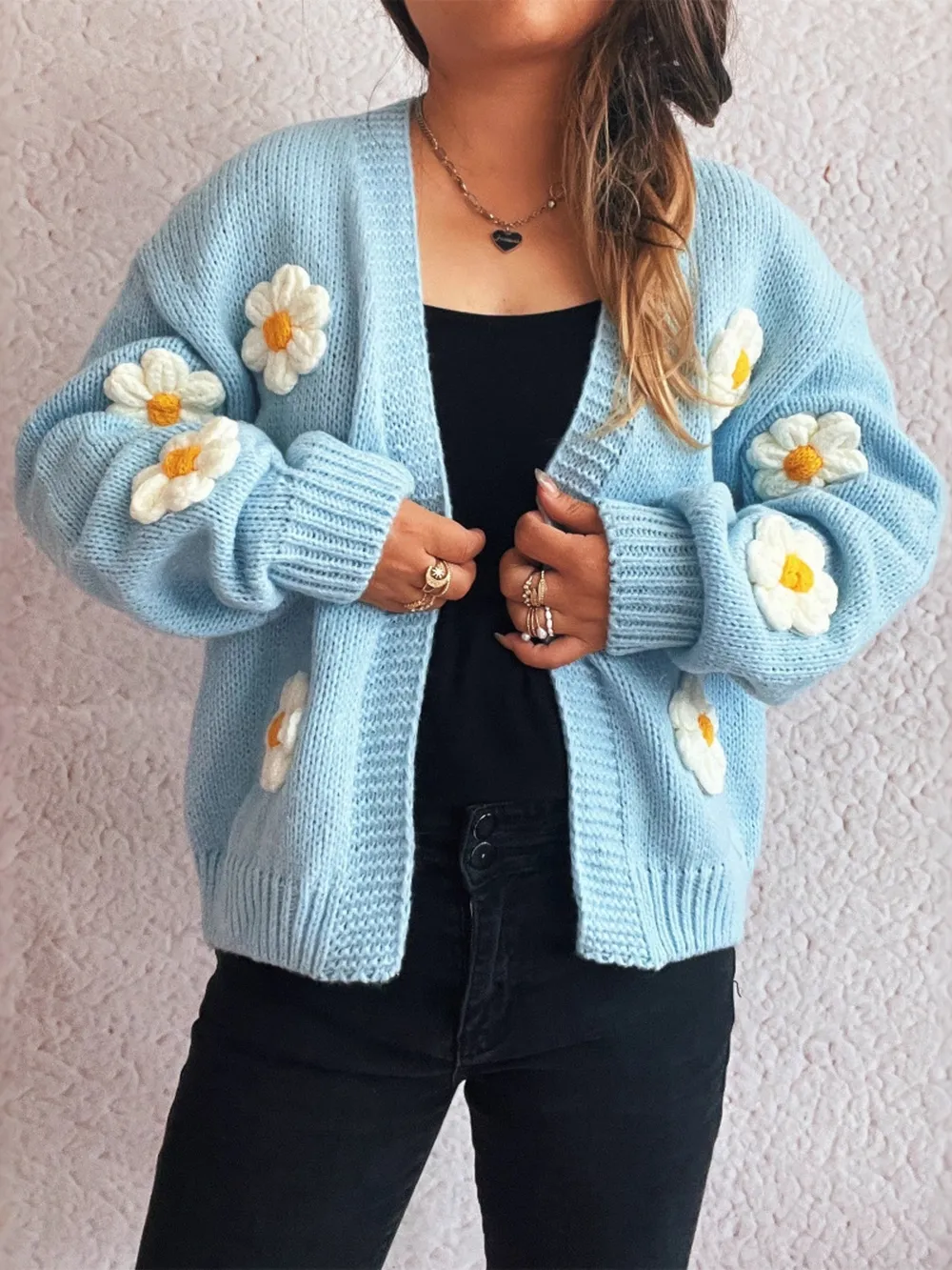 Flower Open Front Long Sleeve Cardigan, image 6