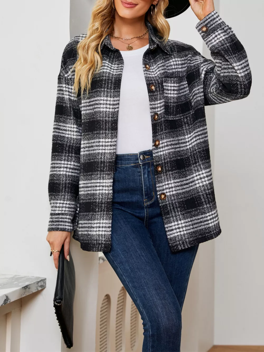 Plaid Button Up Long Sleeve Shacket, image 6