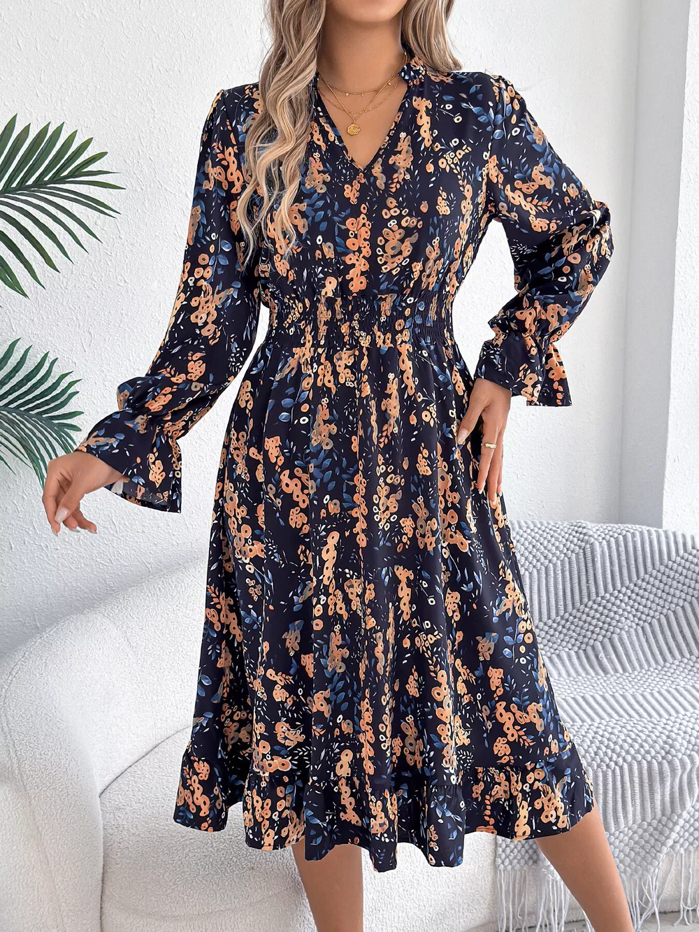 Floral Print Ruffle Hem Flounce Sleeve A-Line Dress, image 5