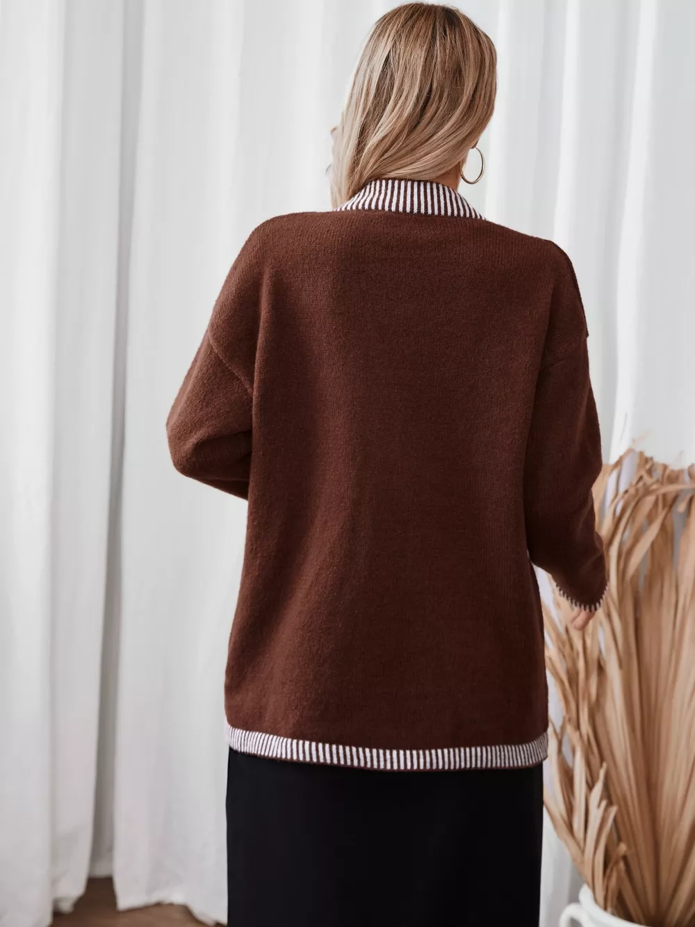 Striped Trim Button Front Pocket Knit Cardigan, image 3
