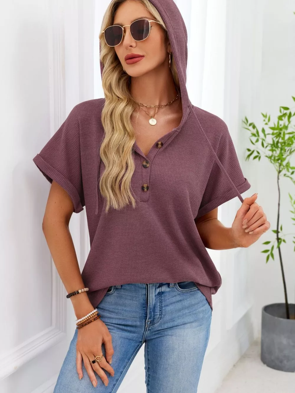 Casual Waffle Knit Button Detail Hooded Top, image 6