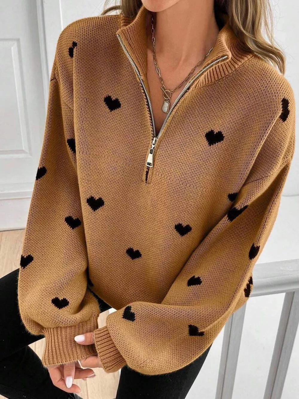 Full Size Heart Half-Zip Long Sleeve Sweater Plus Size, image 6