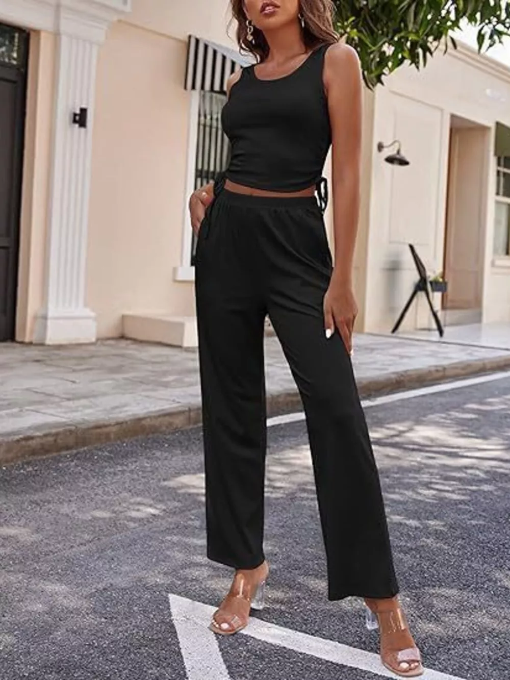 Round Neck Tank & Cardigan & Pants Set, image 2