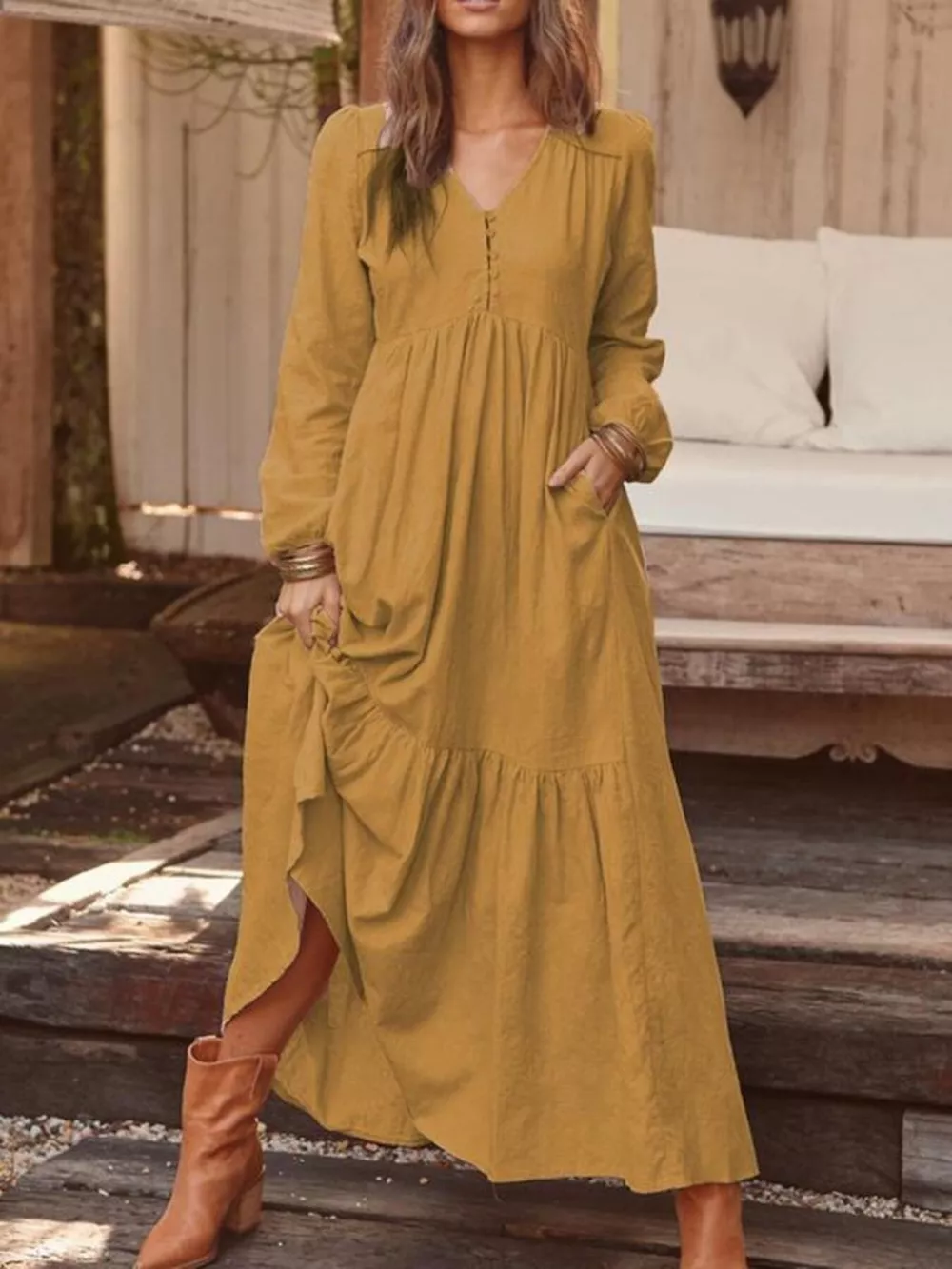 Full Size V-Neck Long Sleeve Tiered Maxi Dress with Pockets Plus Size, image 15