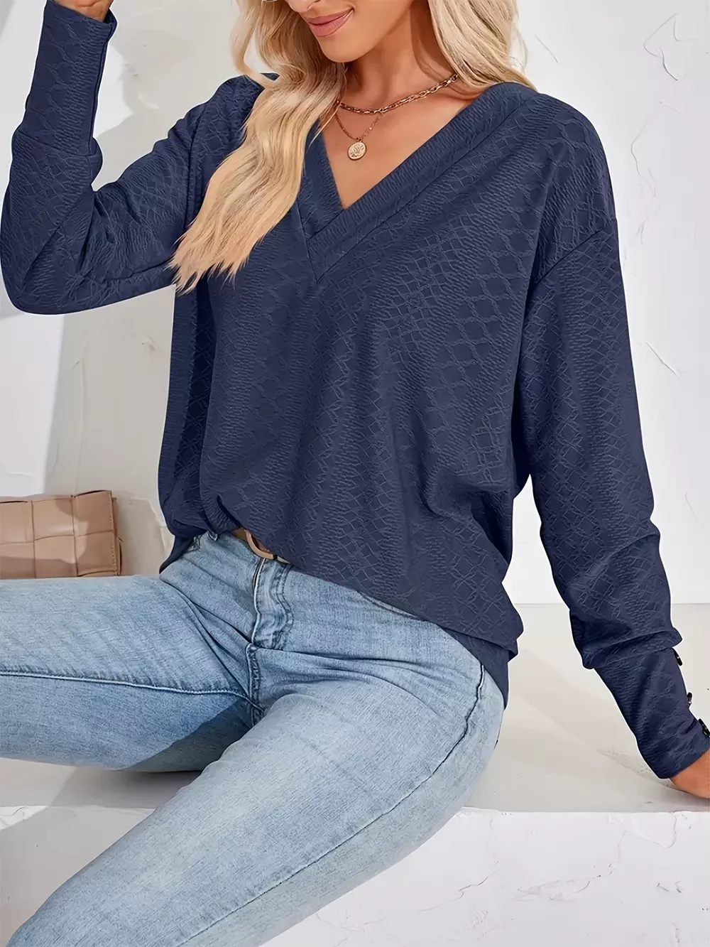 Plus Size V-Neck Textured Long Sleeve T-Shirt, image 5