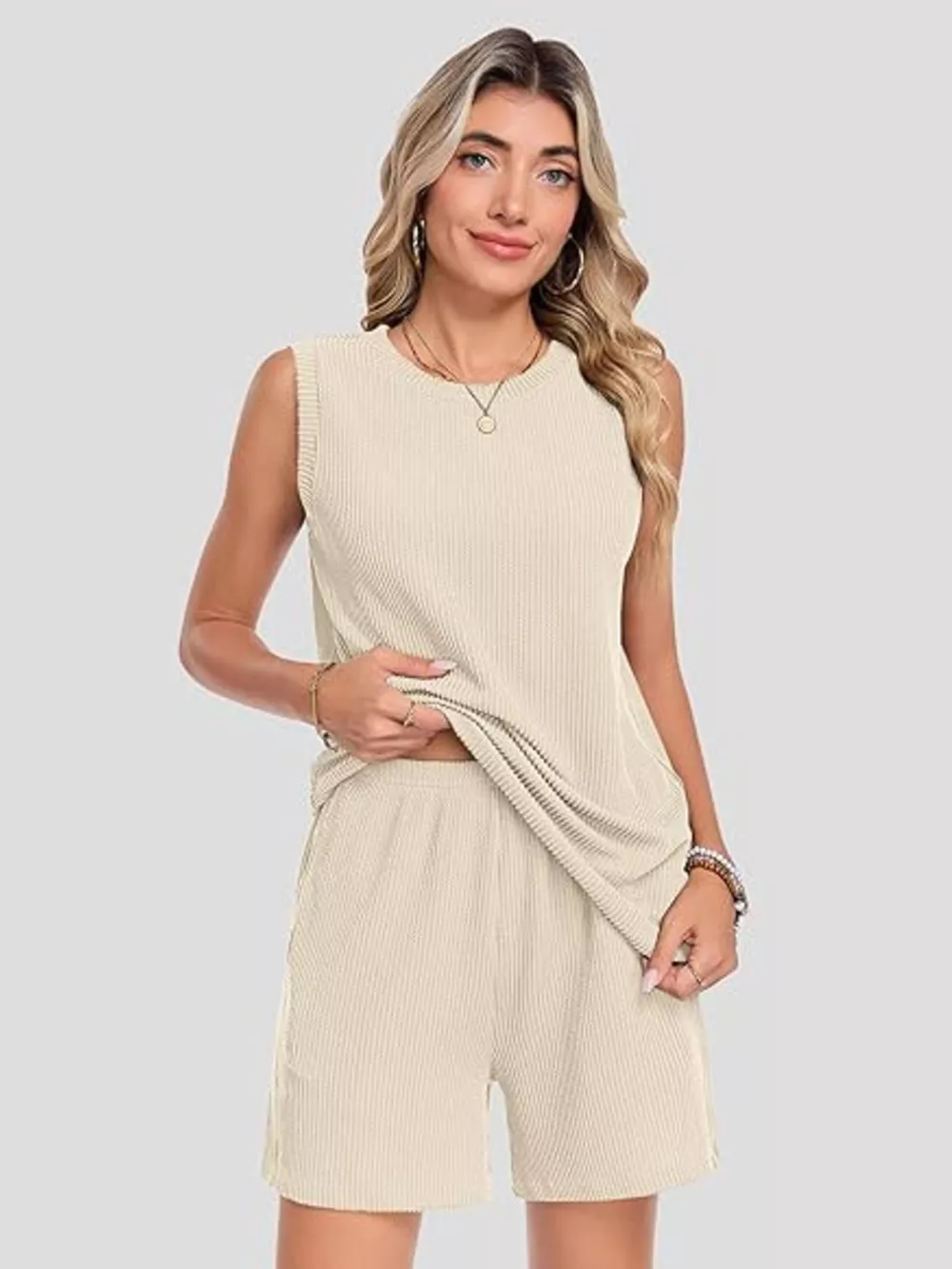 Casual Ribbed Knit Sleeveless Top and Shorts Set, image 9