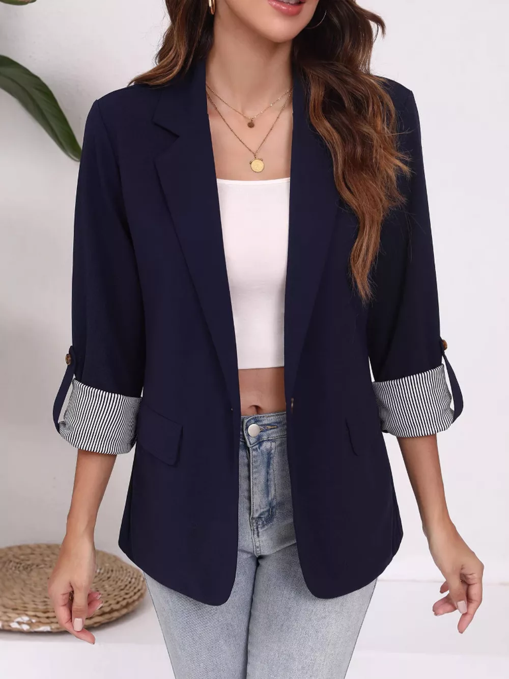Lapel Collar Roll-Up Sleeve Blazer, image 5