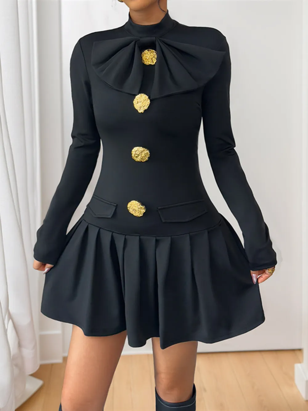 Decorative Button Mock Neck Long Sleeve Mini Dress