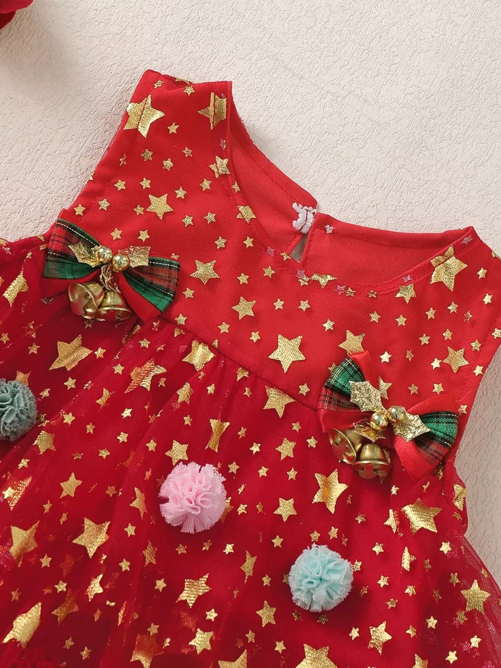 Children's Star Print Pom-Pom Embellishments Tulle Dress, image 7