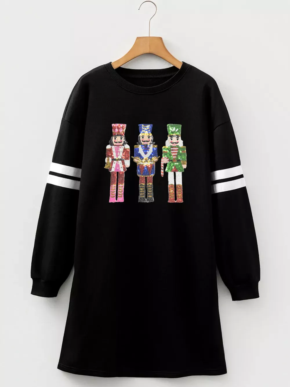 Christmas Sequin Nutcracker-man Graphic Varsity Striped Sleeve Sweatshirt Dress, image 2