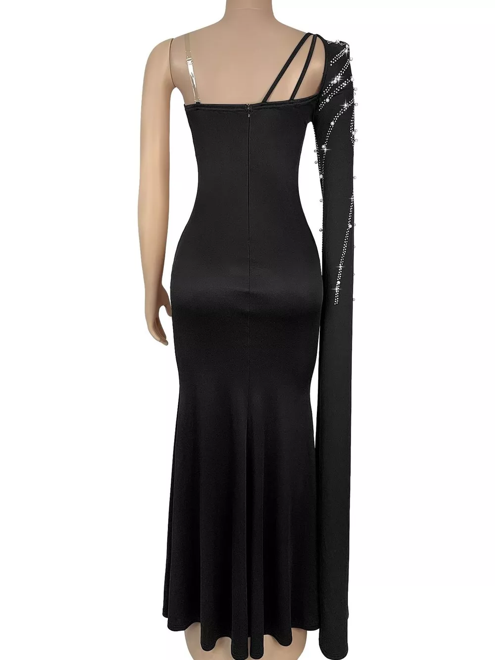 Rhinestone Pearl Detail One-Shoulder Mermaid Maxi Dress, image 6